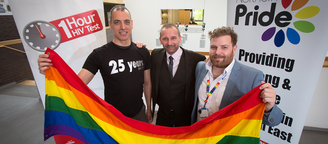 Newcastle Pride 2016 - Mark Nichols, Chair of Northern Pride (centre) with John Lawson of MESMAC (left) and Ste Dunn of Barclays (right).