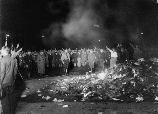 The first book-burning of the Nazi regime was held on the Opera Square in Berlin on May 10, 1933. The library of the Institute for Sexual Science was among the materials consigned to the flames. Photo: U.S. National Archives and Records Administration.