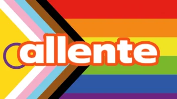 Allente logo with LGBTQ progressive flag in the background