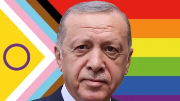 Photo montage of Recep Tayyip Erdogan with the Progress Pride Flag