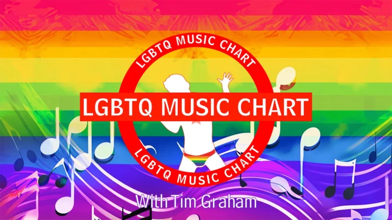 LGBTQ Music Chart logo with LGBTQ colours in the background with music notes